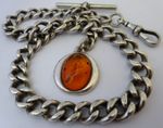 Fabulous antique solid silver pocket watch albert chain w/ silver  & amber fob