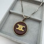 CELINE Vintage Macadam Wood Logo Necklace Gold Brown Long Chain Pendant Japan