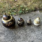 Set of 4 Brass & Enamel Lidded Ornaments with Floral Design - Mixed Colours