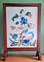 Vintage 1920s–1930s Glass‑Front Fire Screen – Hand‑Embroidered Birds & Floral