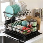 MAJALiS Large 2 Tier Dish Drainer Rack with Drip Tray for Kitchen, Black | 360° 