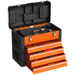 HOMCOM 4 Drawers Large Tool Box, Steel Toolbox with Handle, Orange