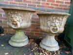 Pair of Vintage Weathered Reconstituted Stone Lions Head Urns / Garden Pots
