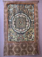 Oil Painted Vintage Tibetan Thangka With Silk Brocade Wall Hanging.