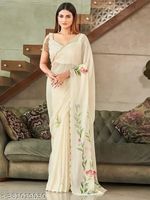 Women's Chiffon Floral Hand Printed cut work Saree