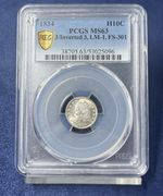 1834 capped bust dime pcgs 3/inverted 3 MS 63 -LOT  F 106