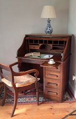 Antique Edwardian Oak Tambour Roll Top Bureau Writing Desk With Four Drawers
