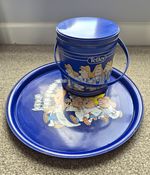 Tetley Blue Food Advertising Tin Bucket with Handle & Matching Round Tray