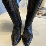 Black Leather Western Boots Brown Inlay Pointed Toe Unisex US Size 7