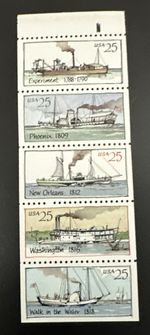 1989 Scott #2405-2409 - 25¢ - STEAMBOATS - Booklet Strip of 5 Stamps - Mint NH