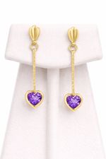 Natural Amethyst Heart Earrings Solid 9ct Yellow Gold Stick Drops Hallmarked