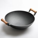 Cooking Wok Cast Iron Deep Stir Frying Pan Kitchen Pot Nonstick w/Wood Handles