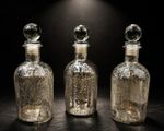 RARE MERCURY GLASS DECANTER SET 3 Vintage Apothecary Bottles Art Glass