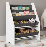 Wood & Fabric Book Toy Organiser Storage Sling Rack Shelf Display Kids Children