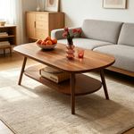Oval Wooden Coffee Table 2-Tier Center Table with Storage Shelf for Living Room