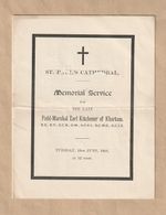 KITCHENER OF KHARTUM. 1916 WW1. OFFICIAL MEMORIAL ORDER OF SERVICE. ST PAUL'S