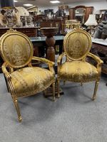 Pair of Louis XVI Gilt Armchairs Fauteuil Gold Silk Damask Upholstered French