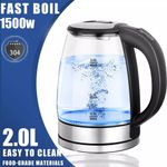2L Electric Kettle Fast Glass Kettle Boil Quiet 360 Blue LED Boil-Dry Protection