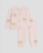 River Island Baby Girls Cardigan Set Pink Bear 2 Piece Crew Neck Buttons