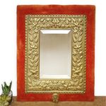 Antique Velvet Framed Mirror Arts and Crafts Bevelled Edge Brass Orange Repousse