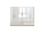 Large 6 Door Mirrored High Gloss White Fitment Wardrobe - 3 Drawers
