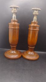 Vintage Wooden Pair Turned Candle Sticks Metal Tops 12inch tall #F#6