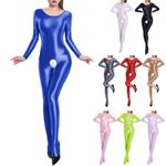 UK Womens Oil Shiny Glossy Bodystocking Hollow Out Longsleeve Bodysuit Catsuit 