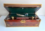 Fantastic Writing Slope Campaign Box. Brass Inlay. Ink Wells. Candle Holders.