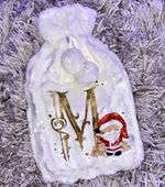 White plush printed Fabric hot water bottle cover with Santa design and initial