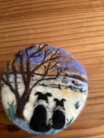 NEEDLE FELT BROOCH TWO COLLIE DOGS AND SUNSET SKY