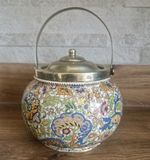 Victorian Chintz Ceramic Biscuit Barrel Jar S&B EPNS Silver Handle Antique