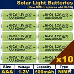 10xAAA 600mAh 1.2V NiMH Rechargeable Solar Light Batteries NiMH replaces NiCd UK
