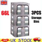 3X 66L Folding Storage Box Thick Fabric Built-in Steel Frame Wardrobe Organizer