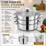 3 Tier Stainless Steel Steamer Pot Glass Lid 4pc Healthy Cooking Set 25cm