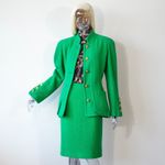 Vintage 1980s Fontana Emerald Green Wool Gold Button Skirt Suit UK 12-14/US 8-10