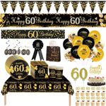 60th Birthday Decorations Black gold Age 60 Banner Tablecloth Party balloon