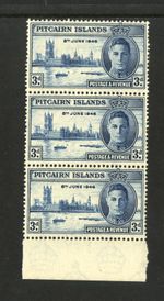 M18336 Pitcairn Islands 1946 SG10/10a - 3d strip of 3 with THE FLAGSTAFF FLAW