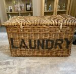 Rare Wicker Freestanding Laundry Hamper Trunk with Lid, Brown/Black “LAUNDRY”