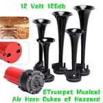 Dixie Musical Air Horn 12V 5 Trumpet 125dB Black Horns Kit w/ Compressor Relay