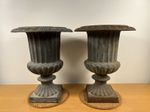 Antique Cast Iron Pair Of Campana Garden Urns. Vintage architectural antiques