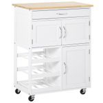 HOMCOM Rolling Kitchen Island Trolley Storage Cart w/ Rubberwood Top, White