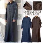 Mens Muslim Saudi Arab Long Sleeve Gown Robe Arab Islamic Thobe Kaftan M-5XL