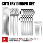 30PCS Silverware Set for 6, Bamboo Handle Flatware Set, Stainless Steel Cutlery