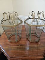 Pair Of Vintage Hexagonal Hanging Brass and Bevalled Glass Shades