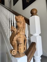 Large Hand Carved Oak Heraldic Lion Newel Post Cap Finial Stair Post
