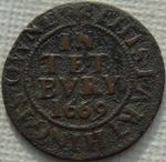 1669 Tetbury Copper Farthing, 17thC Token, Dolphins, 21mm 1.98g, Good Detail T31