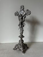 Vintage White Metal Ornate Crucifix On Four Footed Stand Baroque Style