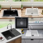 HOROW Granite Composite Kitchen Sink Single Bowl 1 Bowl Black White Waste Kit