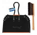 Extra Large Heavy Duty 16" Metal Dustpan & 14" Wooden Hand Brush Set Garages etc
