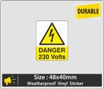 DANGER 230V High Tack, Scratch & Chemical Resistant, Vinyl Sticker 48x40mm
